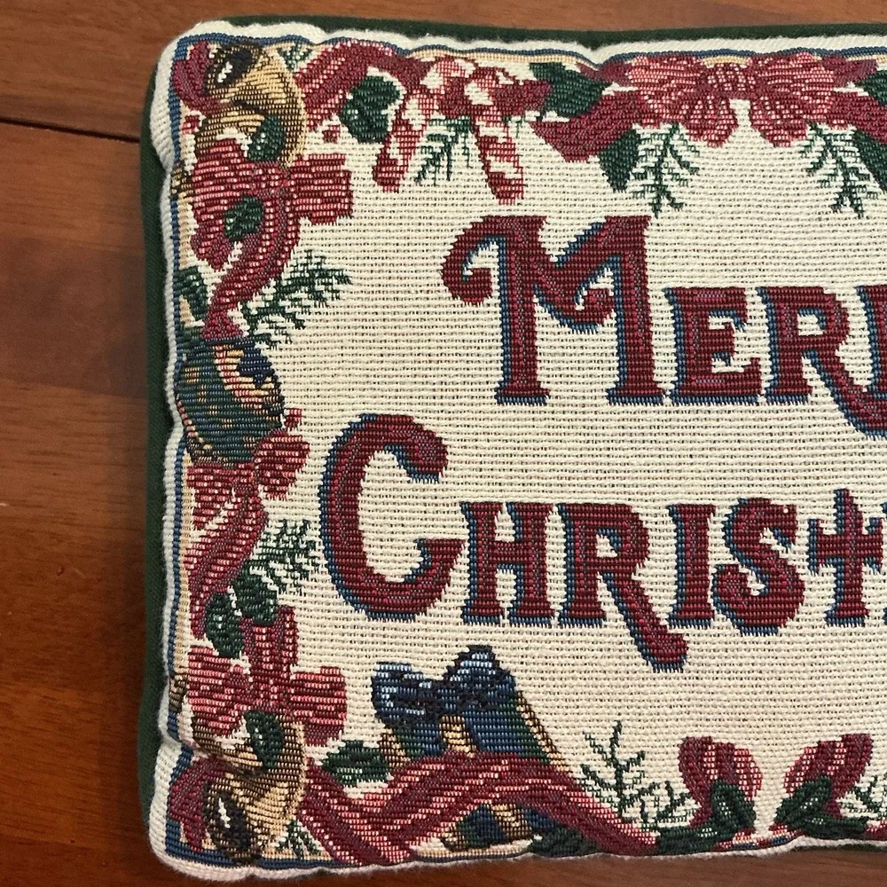 Vintage Tapestry Needlepoint Merry Christmas Holiday Throw Pillow Grannycore